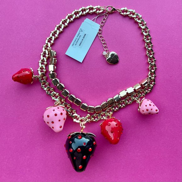 NWT Betsey Johnson Strawberry Necklace- Gold with Black, Red & Pink Strawberries - Picture 4 of 10